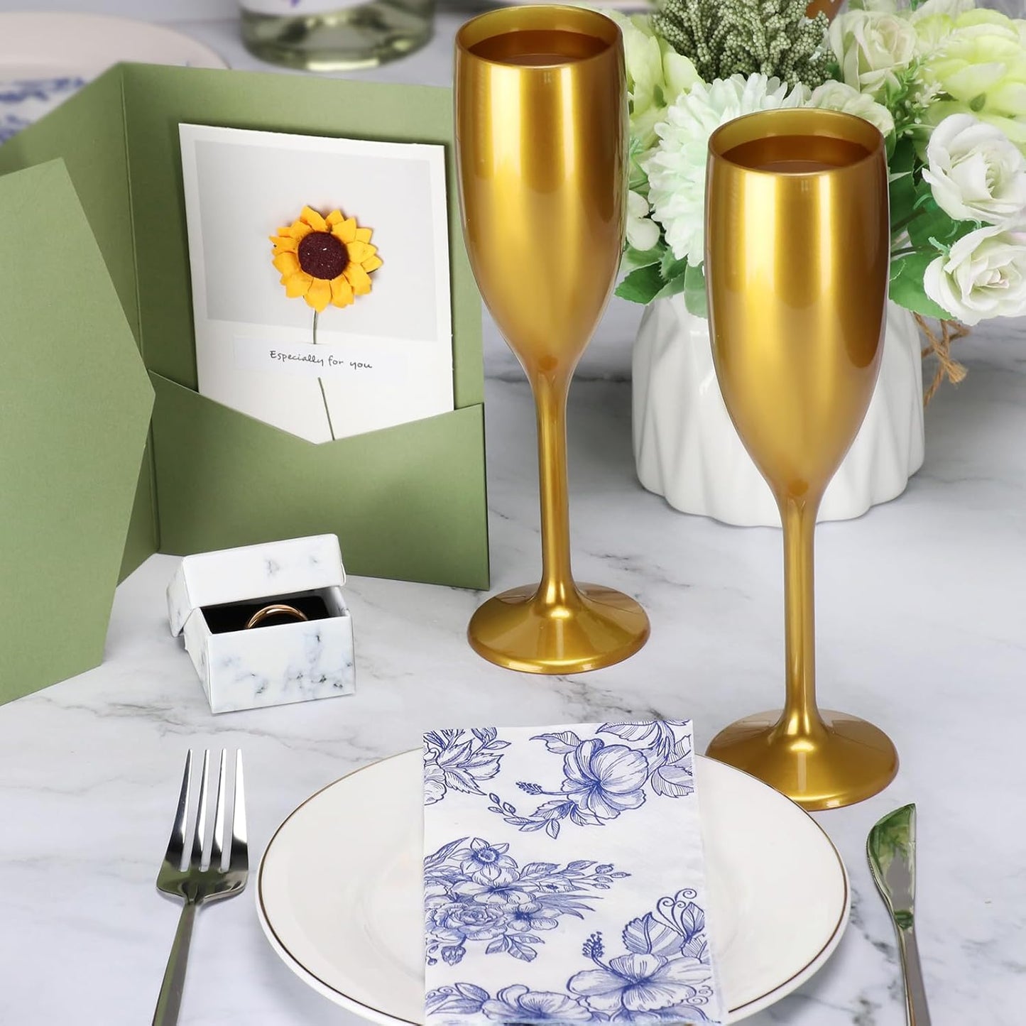 XUWAIDSGN Acrylic Champagne Flutes Toasting Glasses Unbreakable Mimosa Bar Reusable Wine Glasses Vintage Champagne Flutes Stemmed Drinking Cups 5.4 OZ for Christmas Birthday (100, Gold)