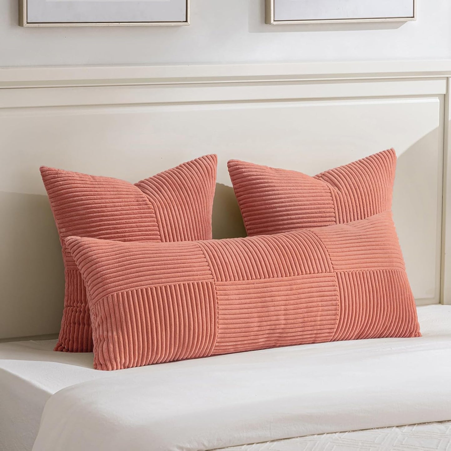 Fancy Homi Set of 2 Coral Boho Long Lumbar Body Decorative Throw Pillow Cover 14x36 Inch for Bed Couch Bedroom Bench, Soft Patchwork Corduroy Textured Pillow Case, Rustic Farmhouse Room Décor