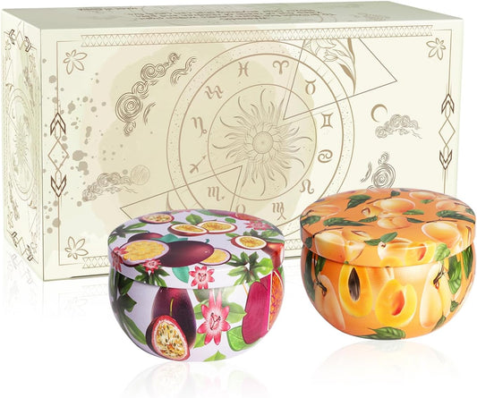 Set of 2 | 2.5-Ounce Scented Jar Candles - Fruit Style - Perfect for Home, Spa, Yoga Studio - Vibrant Colorful Iron Can Jars Candles(Passion Fruit & Apricot Fragrance)