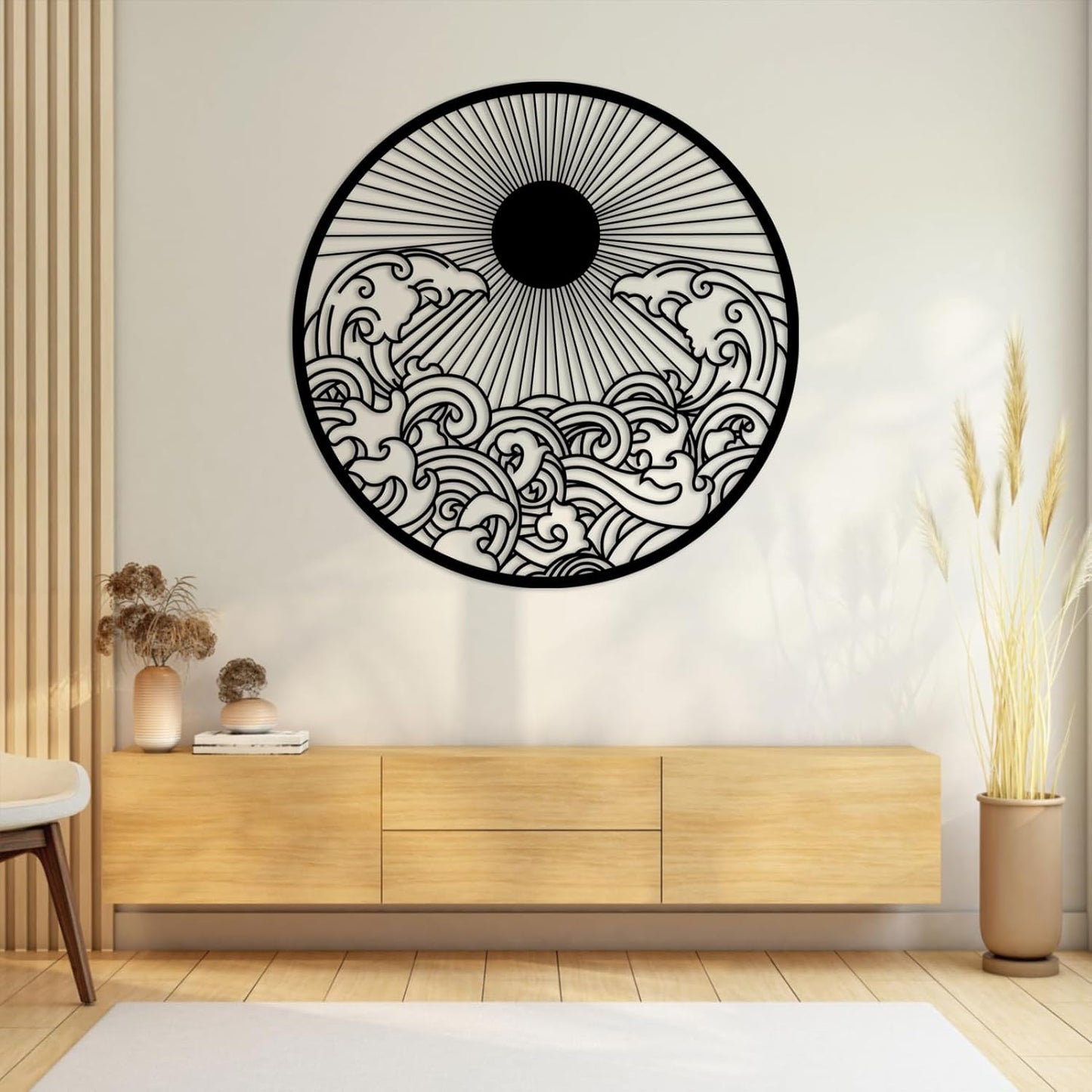 flyoak Metal Sun Wall Decor Outdoor, Sunrise Metal Wall Art, Metal Wave Wall Art, Sunrise and Wave Wall Decor, Sunburst Wall Art, Sunset Wall Art, Wall Hangings for Bedroom (White, 35x35in|90x90cm)