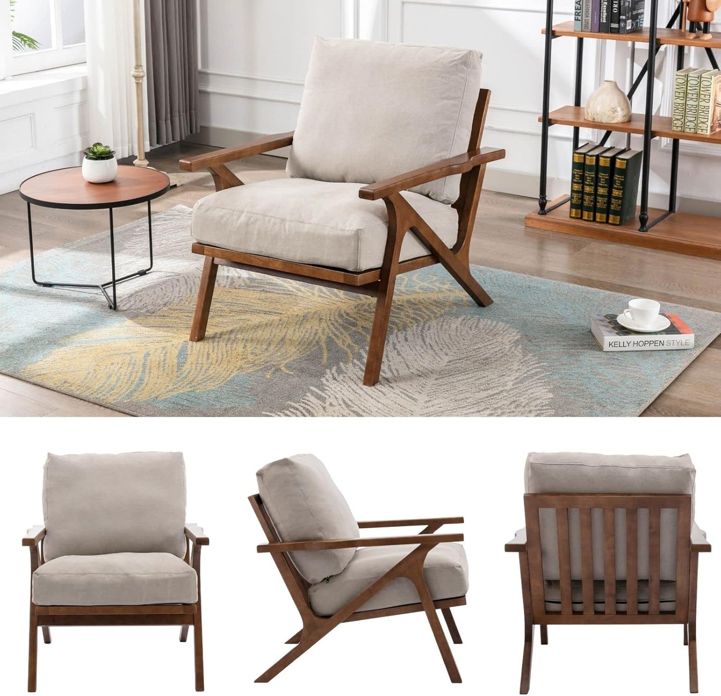 Mid Century Modern Accent Chair with Ottoman, Farmhouse Linen Upholstered Living Room Armchair and Ottoman Set, 23" Seat Wide Retro Leisure Lounge Chair with Wood Frame for Home, Bedroom, Beige