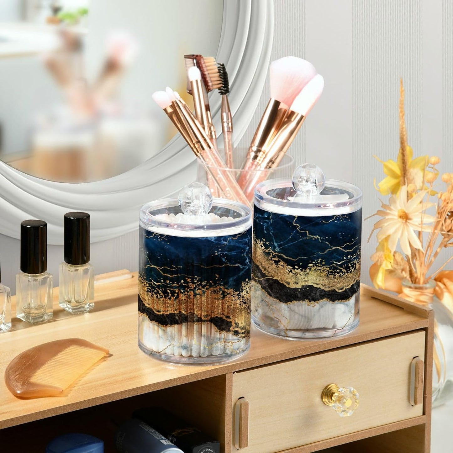 2 Pack Qtip Holder Dispenser Navy Blue Marble Bathroom Storage Canister Lid Acrylic Plastic Apothecary Jar Set Vanity Makeup Organizer for Cotton Swabs/Pads/Floss
