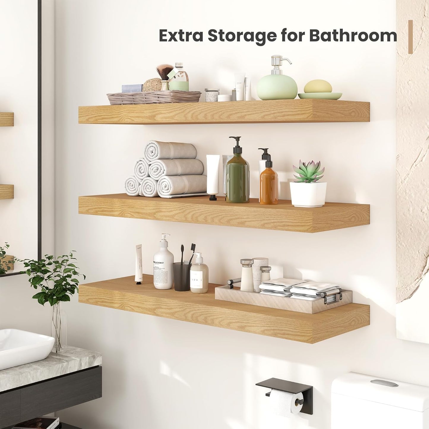 Heimlove 24 x 12 Inch Deep Floating Shelves Wall Mounted with Invisible Brackets,Storage Hanging Shelf for Wall Decor in Bathroom, Bedroom, Toilet, Kitchen, Living Room, Office Set of 2 (Oak)