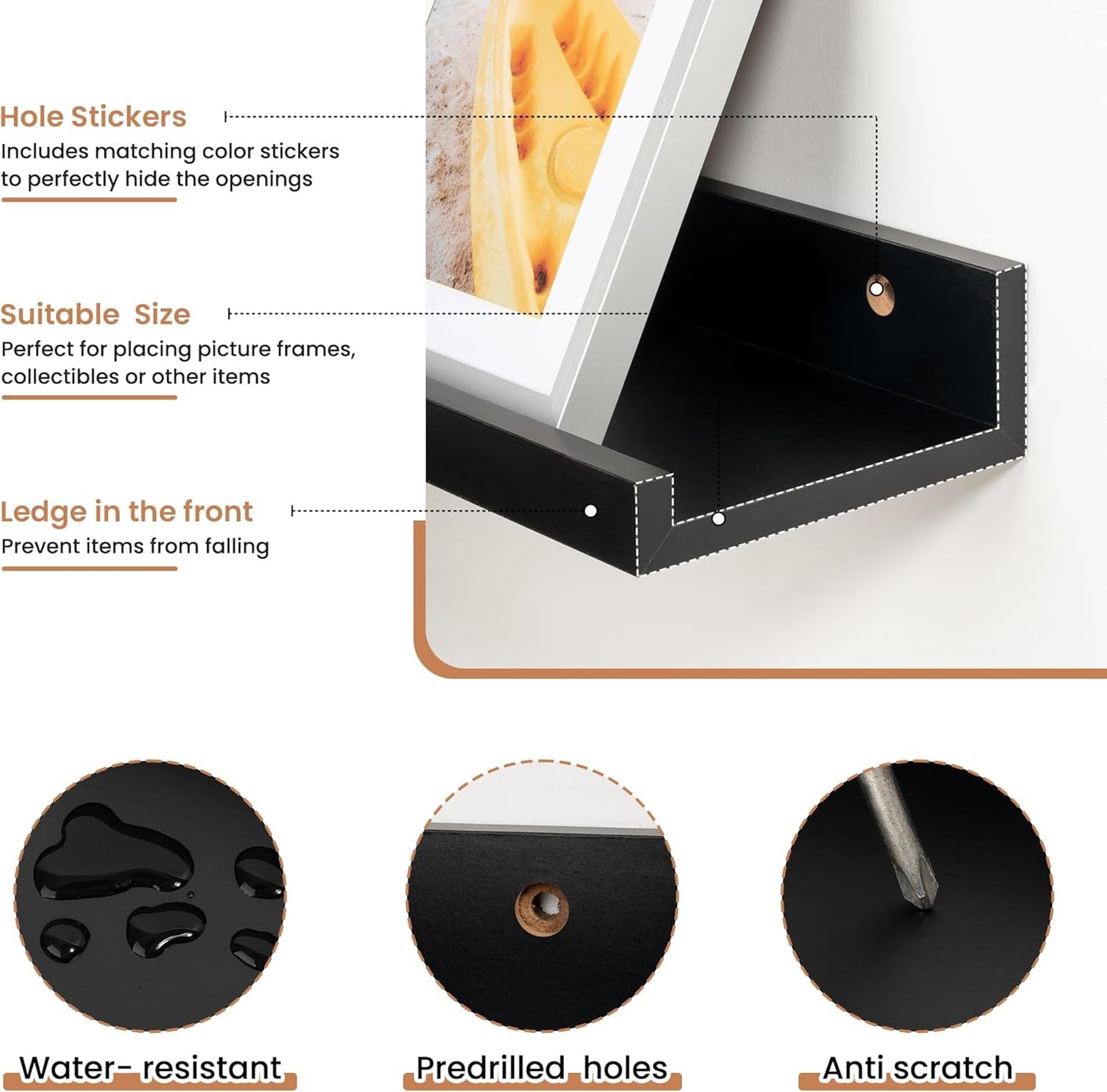 Fun Memories Picture Ledge Shelves Set of 2, 48 Inch Rustic Wall Mounted Floating Shelves with Lip for Home Storage and Décor in Bathroom, Kitchen, Nursery, Bedroom, Living Room, Black