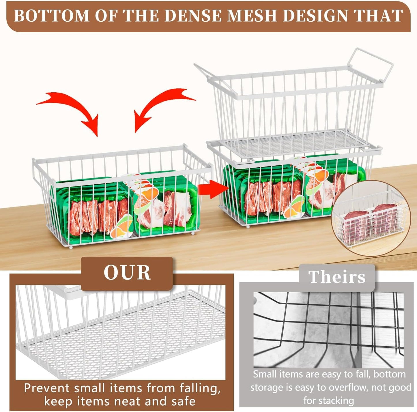 6 Pack Stackable Deep Freezer Organizer Bins ，Upgraded Bottom Leak-Proof net，Encryption and Hardening ， Freezer Organizer Bins for 5 to 9 Cu.FT Small Chest Freezer， Easy Get Bottom Foods