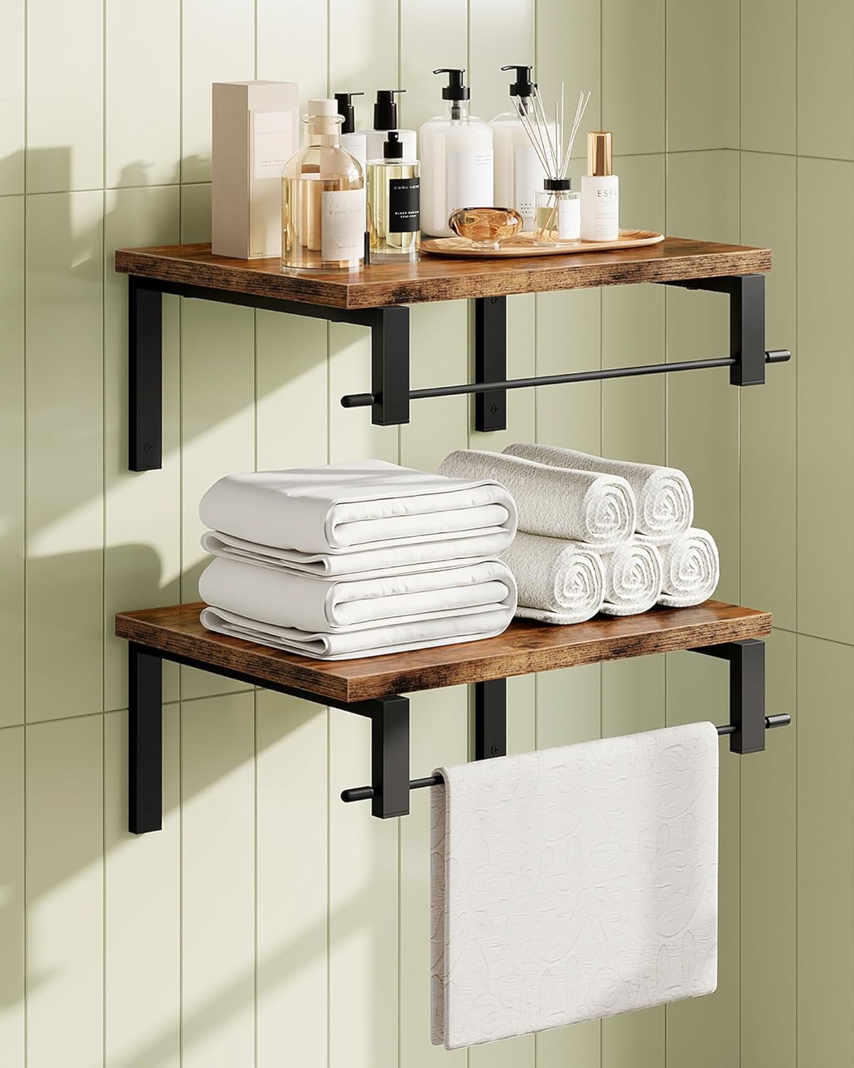 Deep Floating Shelves for Wall, 12 inch Wall Mounted Shelves Set of 2, Wide Floating Shelves for Living Room, Bedroom, Study, Bathroom, Rustic Brown and Black TBJ02P2BF