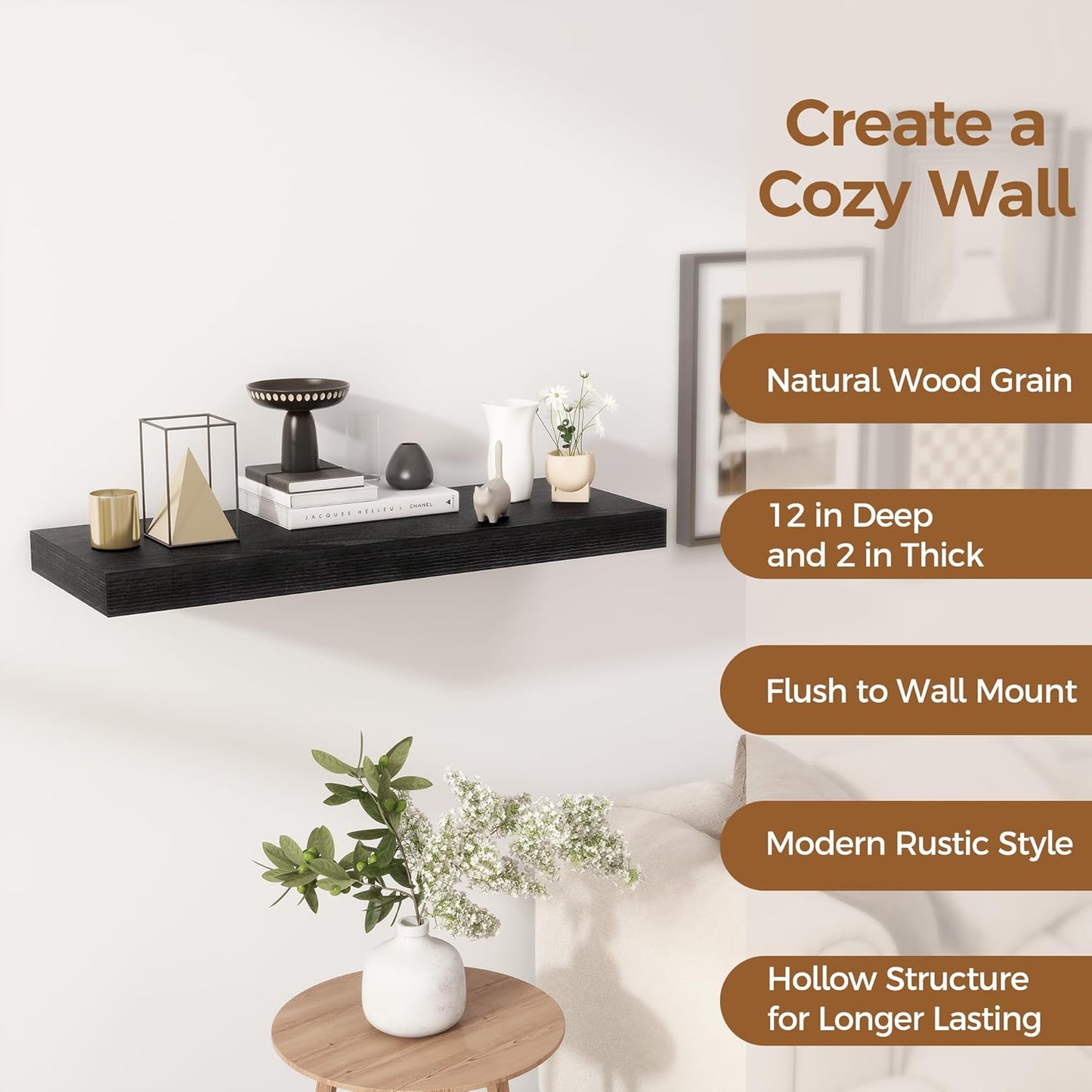 Fun Memories 30 Inch Floating Shelves Black, 12 Inch Deep Floating Shelf for Books, 30 x 12 x 2 Deep & Thicked Wall Shelves for Bathroom, Living Room, Kitchen, Set of 1