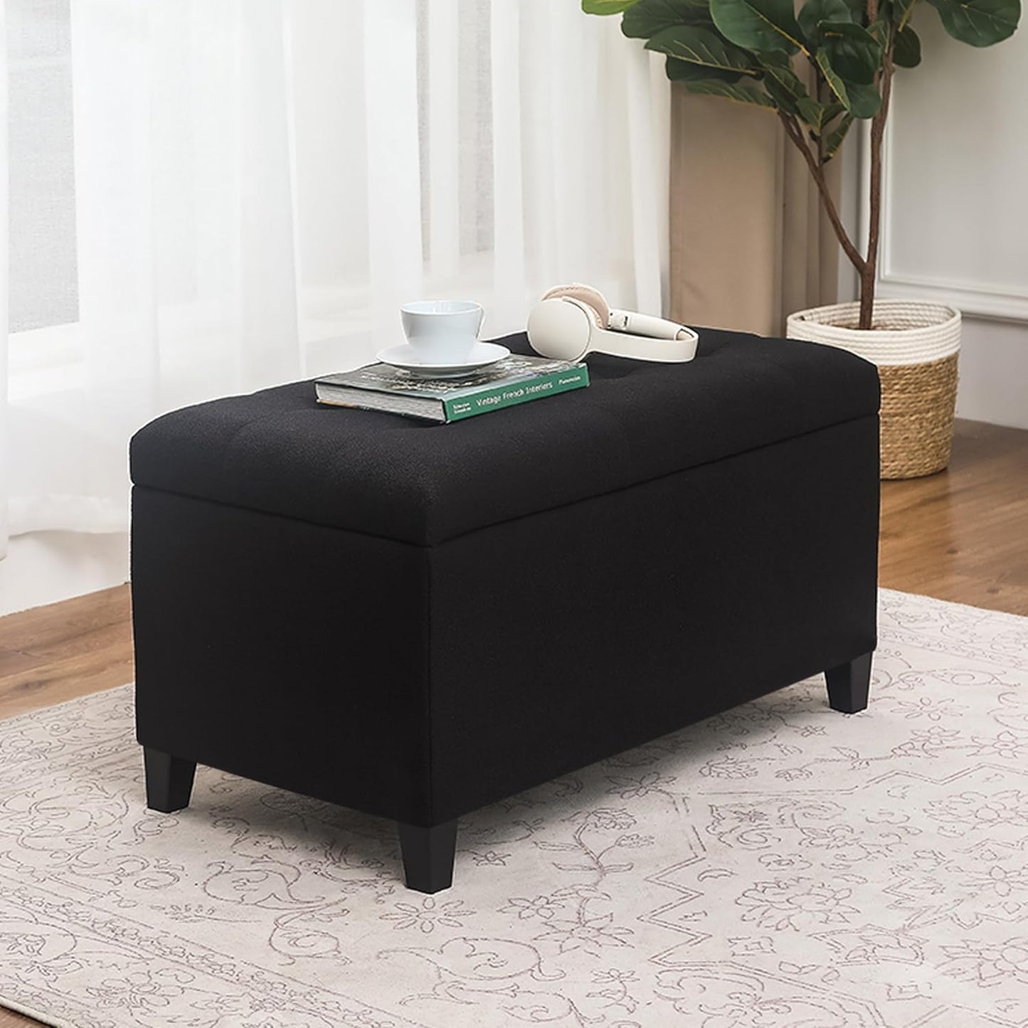 Asense Storage Ottoman Bench, Tufted Fabric Upholstered End of Bed Bench with Safety Hinge Wooden Legs, for Entryway Bedroom (Cotton and Linen Black, 33.3")