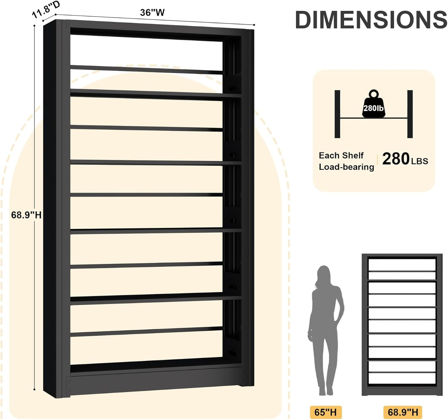 Large Metal Bookcase, 69” Modular Bookshelf with Storage, 5 Tier Bookcase with Adjustable Shelves, Extra Tall Book Shelves, Modern Book Case for Library, Office, Entryway, Living Room（Black）