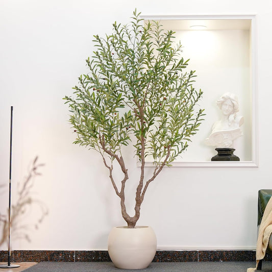 Olive Tree Artificial Indoor, 8FT Tall Faux Olive Tree with 18in Round White Planter, Artificial Plants with Natural Wood Trunk and Lifelike Fruits for Home Office Decor