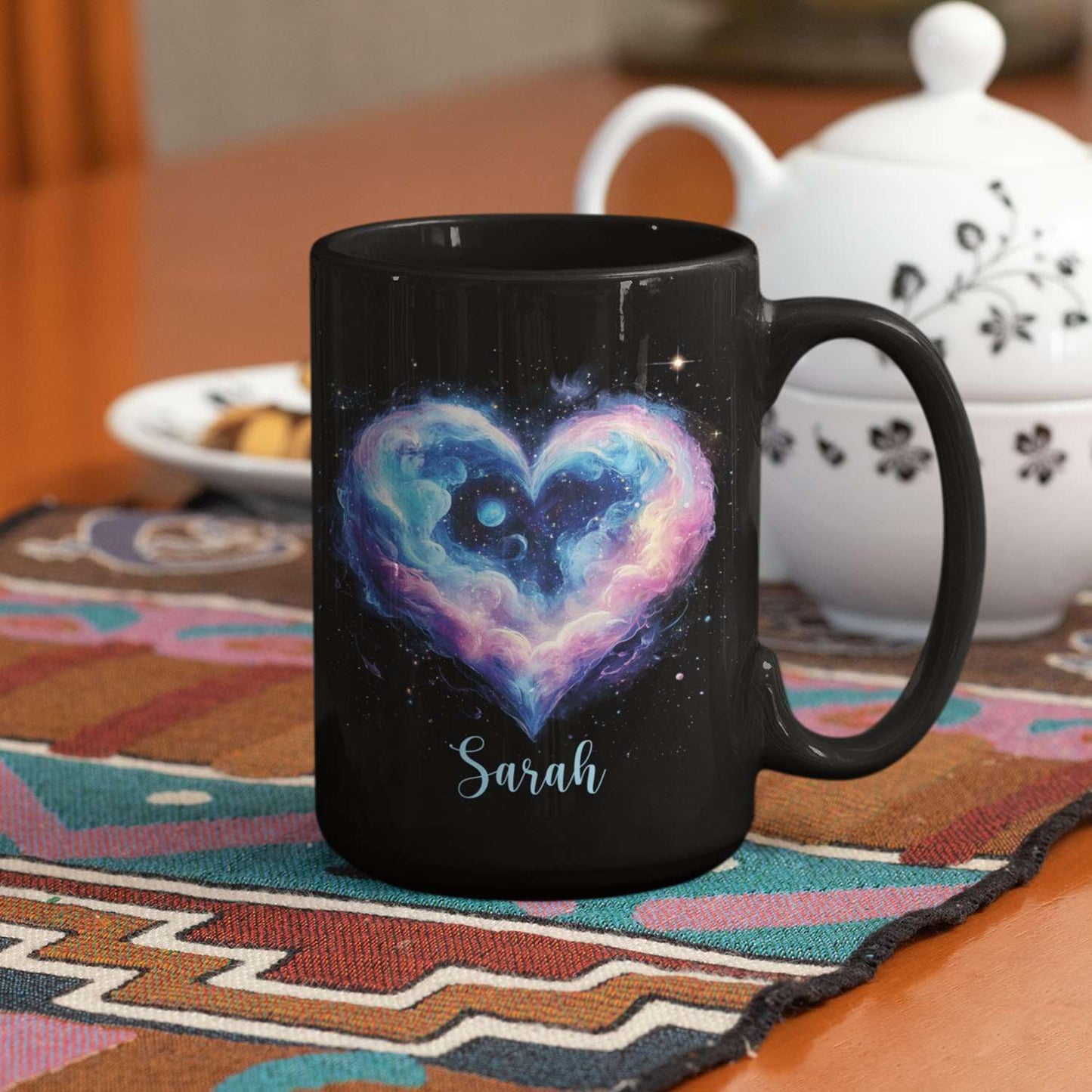 Personalized Love Heart Ceramic Mug, Custom Name Black Cup 11oz Or 15oz, Customized Celestial Themed Coffee Mug, Valentine's Day Themed Keepsake Cup, Gift For Him Her, Heart Mug