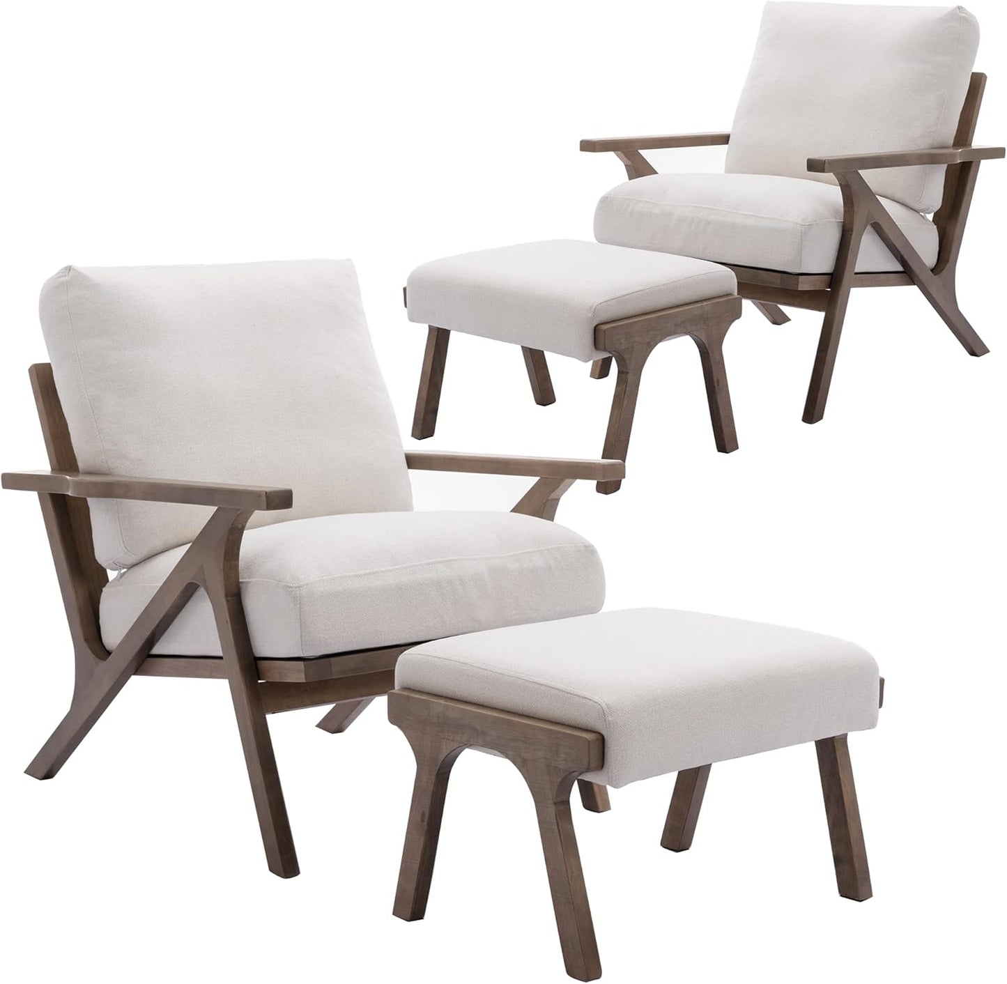 chairus 2 Sets Mid-Century Modern Accent Chairs with Ottoman, Linen Fabric Armchair with Wood Legs Comfy Upholstered Single Sofa Chair for Living Room/Bedroom/Lounge, White