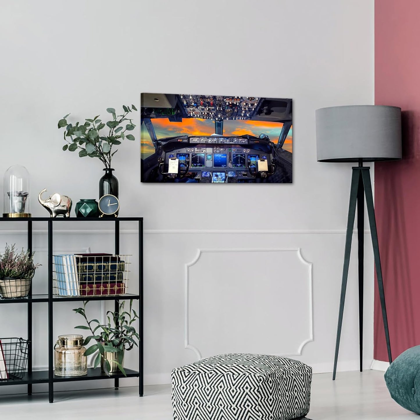 KREATIVE ARTS Canvas Prints Wall Art Airplane Cockpit Flight Deck in Sunset Photo Art Print Plane Poster Modern Home Decor Stretched and Framed Ready to Hang for Office Decorations 20x36inch