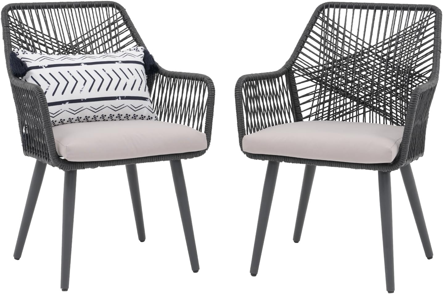 Patiorama Patio Dining Chair Set of 2, Woven Rope Outdoor Dining Chairs w/Steel Frame, All-Weather Twisted Rattan Chairs w/Armrest & Cushion, Outdoor Dining Wicker Chairs for Backyard Garden(Black)