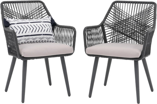 Patiorama Patio Dining Chair Set of 2, Woven Rope Outdoor Dining Chairs w/Steel Frame, All-Weather Twisted Rattan Chairs w/Armrest & Cushion, Outdoor Dining Wicker Chairs for Backyard Garden(Black)