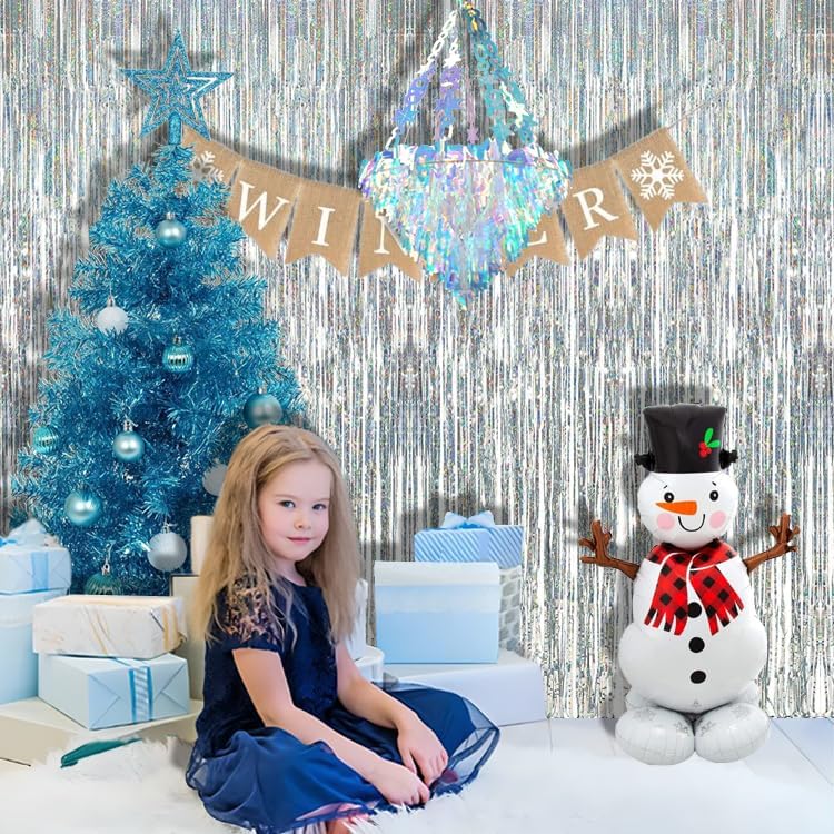 BRAVESHINE Silver Streamers Party Backdrop Decorations - 2Pcs 3.2x8.2ft Tinsel Foil Fringe Curtain Backdrop for Christmas/New Years/Birthdays/Bachelorette/Anniversary/Engagement/Dancing Ball Decor