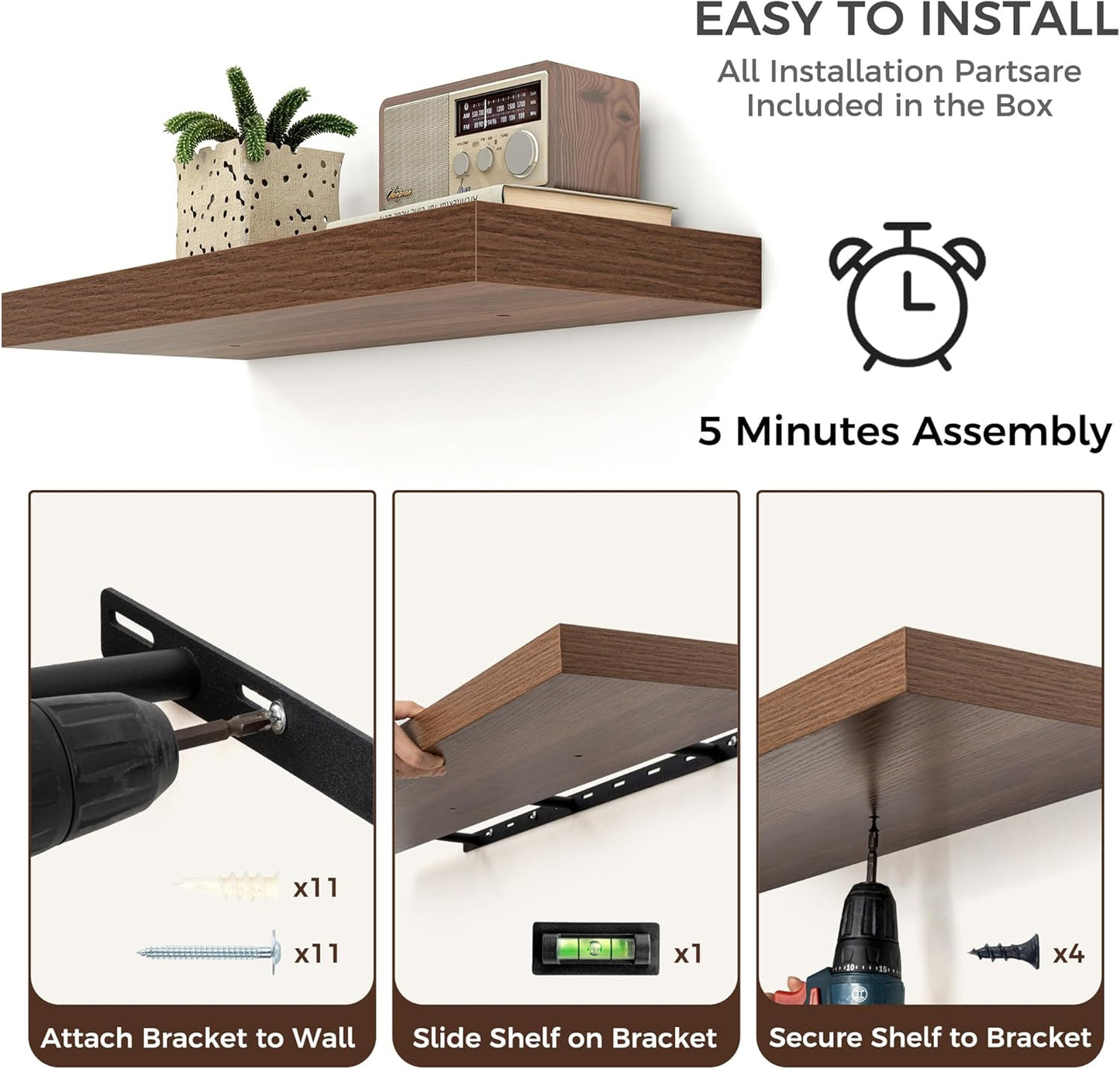 Floating Shelves for Wall, Large Wall Mounted Shelves with Invisible Brackets, Long Wood Floating Shelf for Living Room, Bedroom, Kitchen, (Walnut, 55" W x 9" D x 1.5" H)