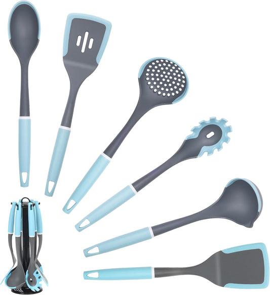 6-Piece Silicone Kitchen Utensil Set with Rotating Stand, Non-Stick, Heat-Resistant (400°F), Nylon Handle, Cooking Spatula Set for Baking & Cooking, Light Blue