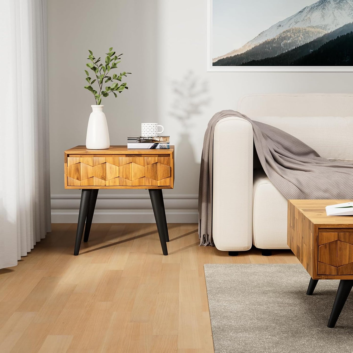 Bme Georgina Solid Wood Nightstands with Drawers - Fully Assembled Rustic Geometric Pattern Bedside Cabinet - Mid Century Modern Side Table for Living Room, Bedroom