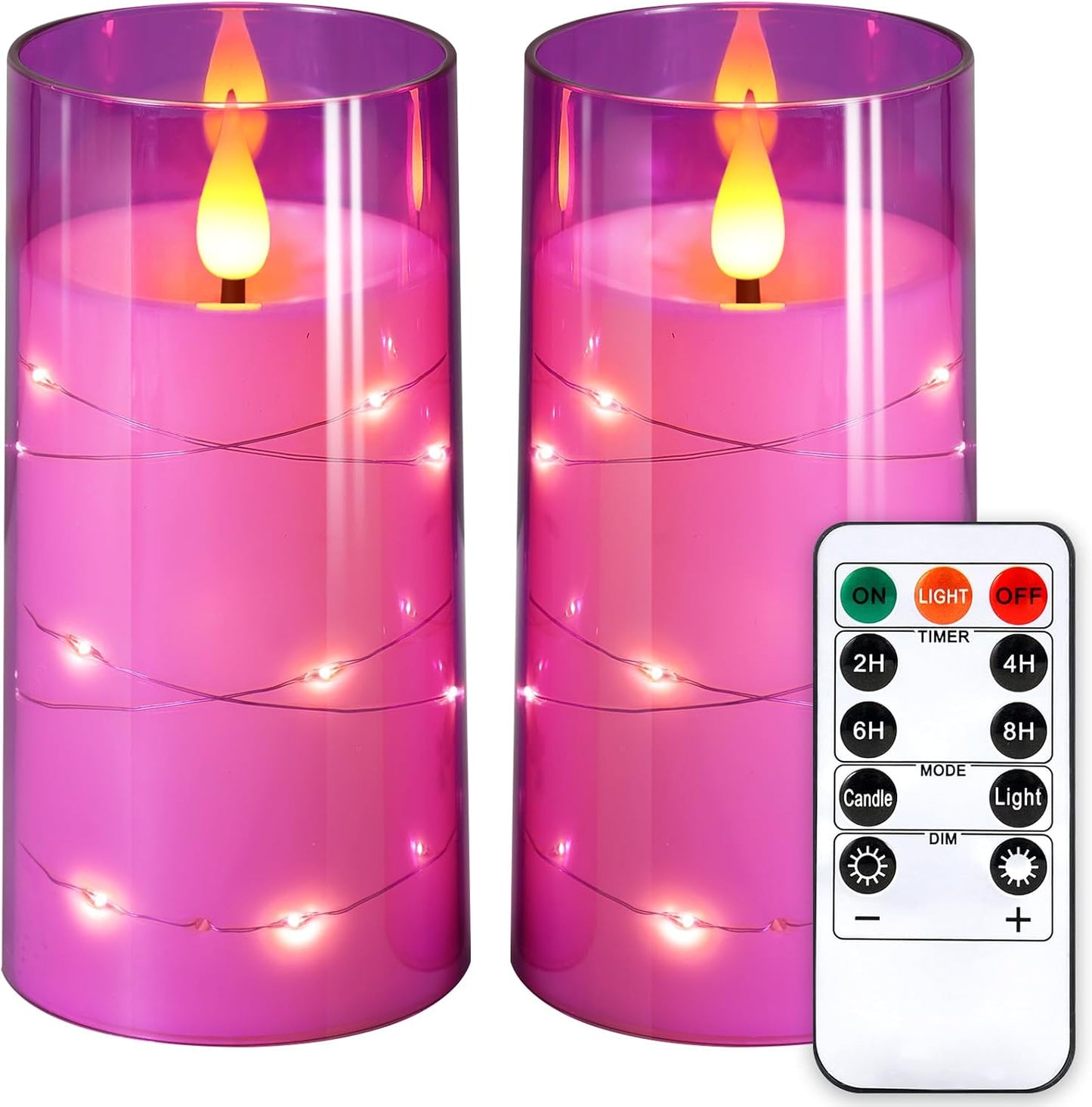 NURADA 3"x6"Flickering Flameless Candles: Built-in Star String Lights 3D Wick Battery Operated LED Pillar Candles with Remote and Timer for Table Wedding Centerpieces Party - 2 Pack Purple