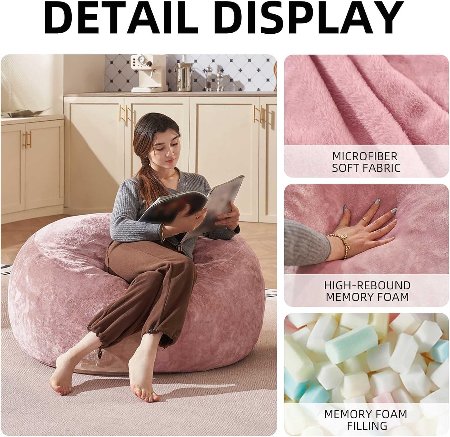 Bean Bag Chair 3Ft, Memory Foam Filled, Large Beanbag Chairs for Adults and Teens, Soft Sofa with Removable Flannel Cover, Round Couch for Living Room Bedroom College Dorm (Pink, 3FT-36×36"×24")