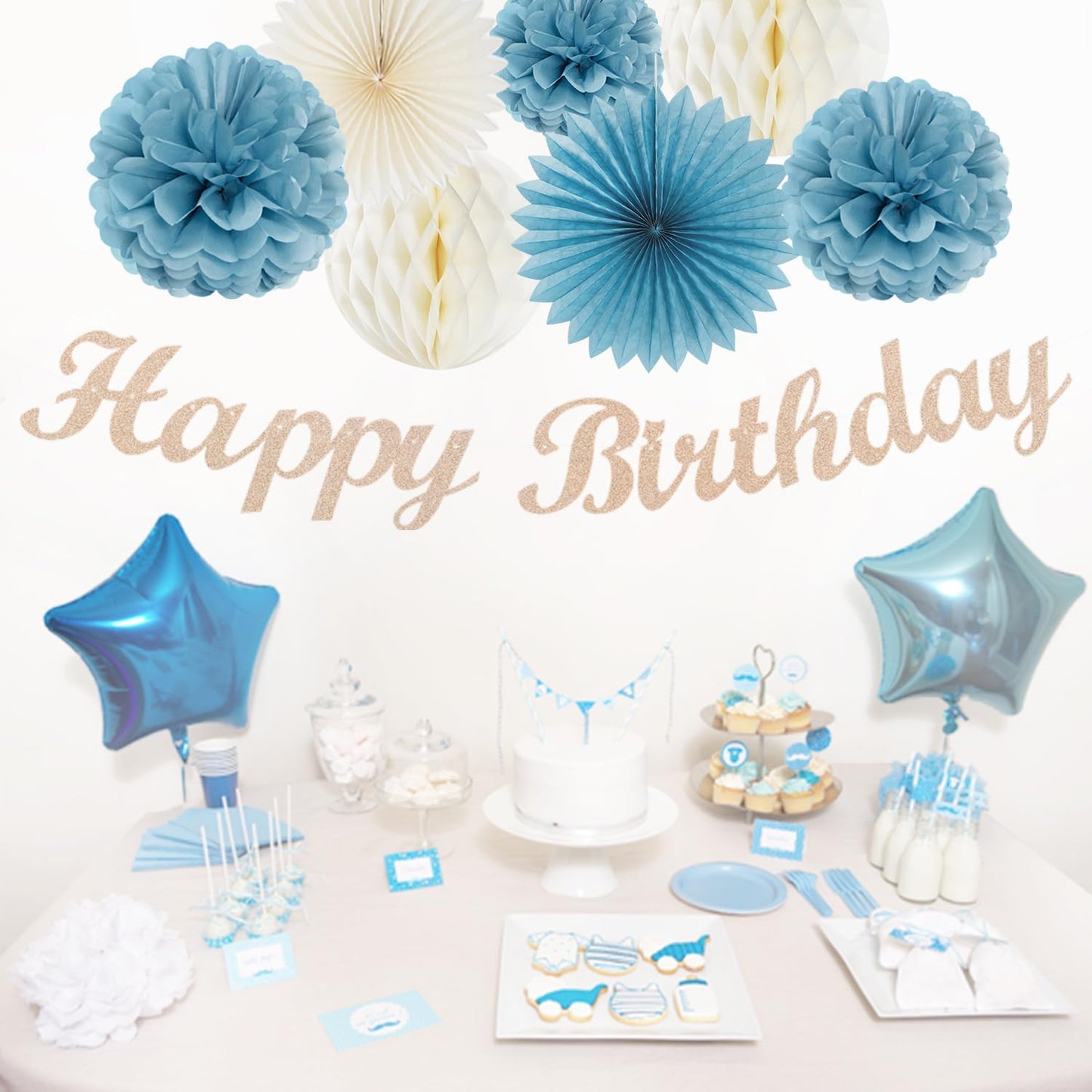 Dusty-Blue White Birthday Party-Decorations Paper-Flowers - 14pcs Happy Banner Boy Lanterns Tissue Pom Poms,Men Streamers Garland Fans Honeycomb,Baby Teen Male Kids Hanging Supplies Decor Hugfond