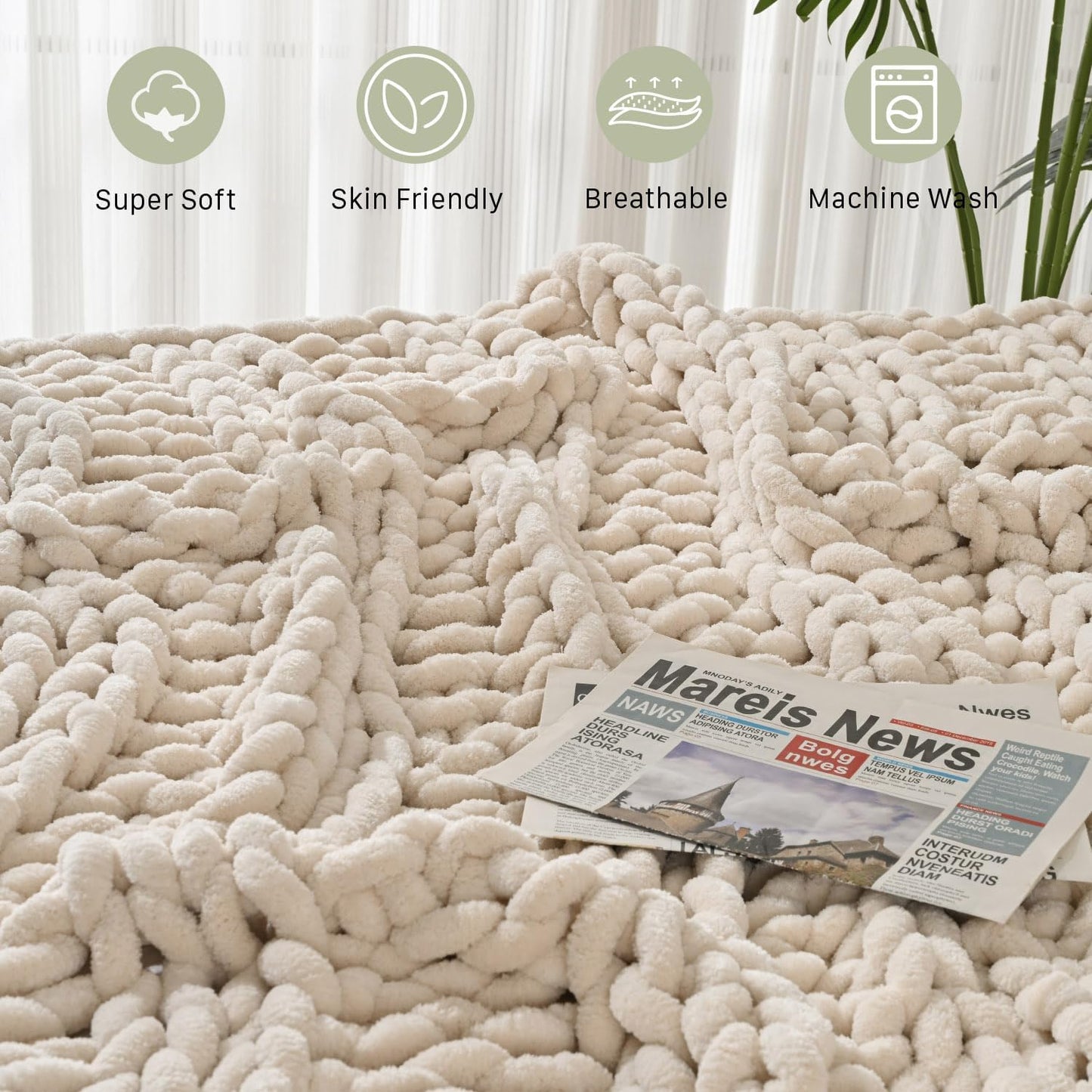 Esterra Chunky Knit Blanket Throw, 100% Handmade Chenille Throw Blanket 50"x60", Soft Thick Yarn Cable Knit Crochet Throw Blanket Rope Knot Throw for Couch Bed Sofa, Apricot White