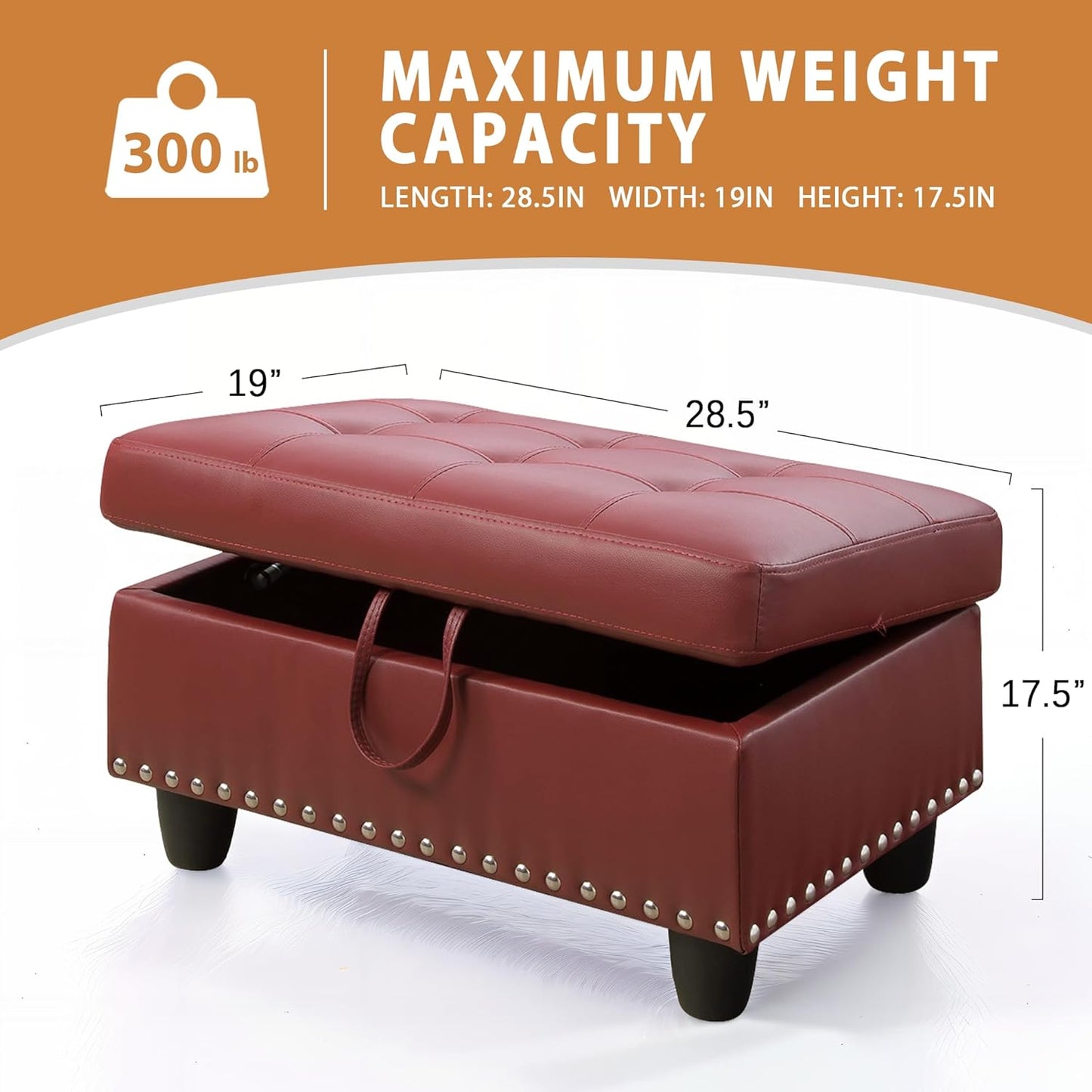 Ottoman Rectangular Storage Ottoman Bench, Faux Leather Footrest, Coffee Table, Stool Footstool with Hinged Lid for Living Room, Bedroom, Entryway, Red, 28.5"x19"x17.5"