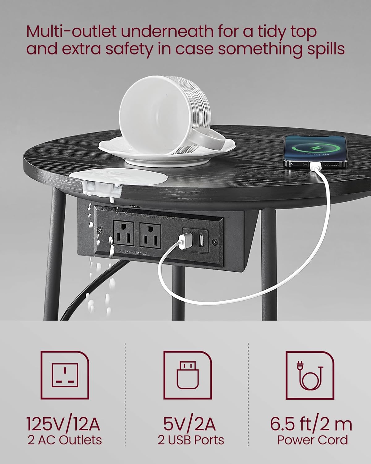 VASAGLE Side Table with Charging Station, Round End Table with Fabric Basket, Nightstand with Power Outlets, USB Ports, for Living Room, Bedroom, Modern, Ebony Black and Slate Gray ULET228B01