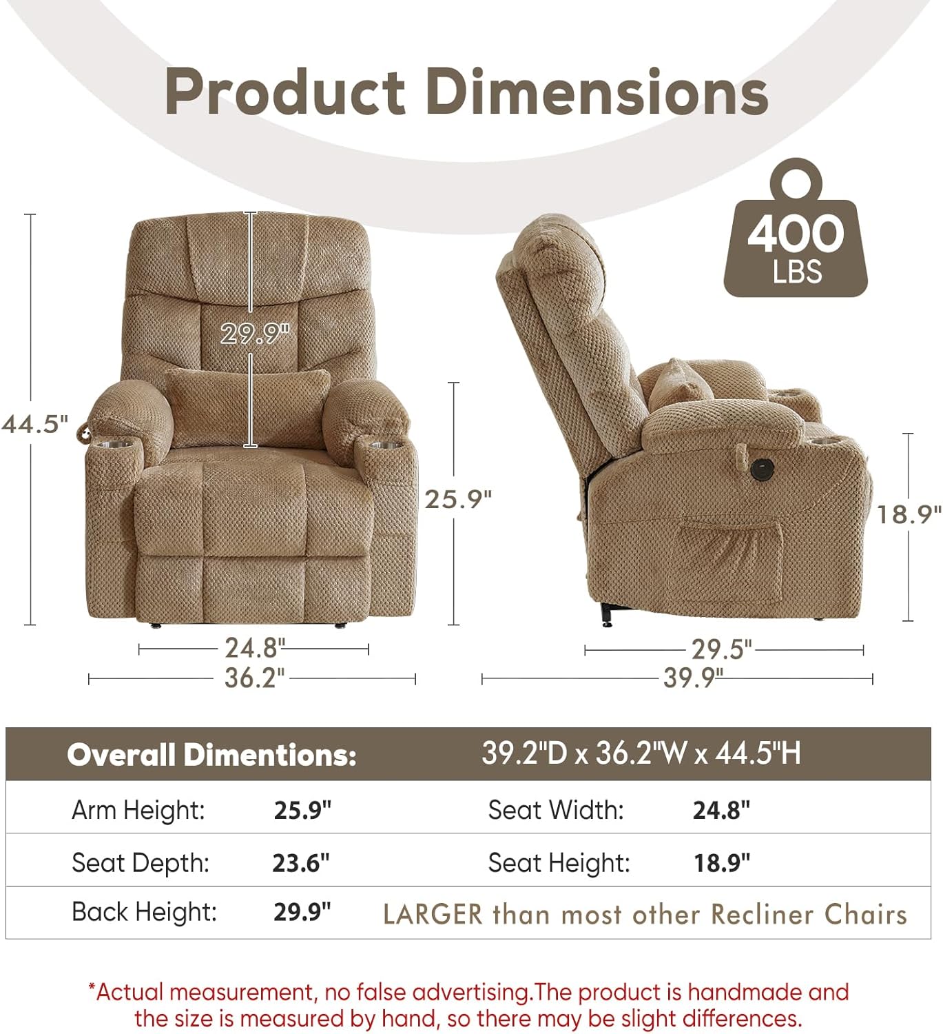 Oversized Dual Motor Lay Flat Power Lift Recliner Chair Set of 2 for Elderly with Massage and Heat, Textile Large Recliner Chair, Lift Chairs Recliner with Lumbar Pillow, Cup Holder, Beige