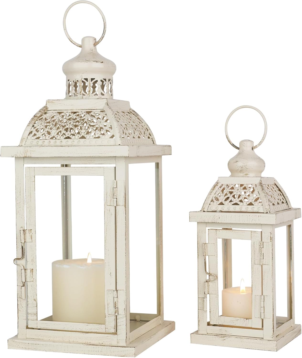 DECORKEY Large Lantern Decorative Outdoor & Indoor, Set of 2 (14’’&10’’) Metal Candle Lanterns Decor, Vintage Hanging Candle Holder for Front Porch Patio Wedding Farmhouse Home, Spring Decoration