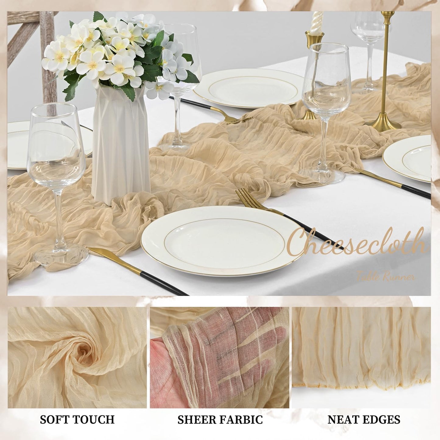 Sand 12 Pack 10FT Cheesecloth Table Runner 20 x 120 Inch Long Rustic Gauze Cheese Cloth Table Runner for Wedding Bridal Baby Shower Table Decorations Boho Fabric Sheer Birthday Party Table Decor