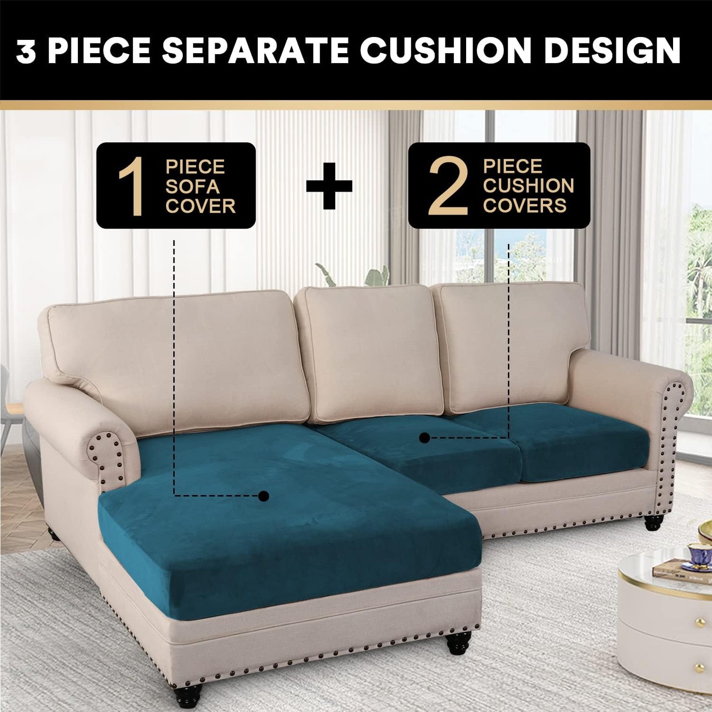 PrinceDeco Sectional Couch Covers 3 Pieces Velvet Sofa Covers L Shape Soft Couch Covers for Sectional Sofa Corner Sofa Cover Couch Cover for Dogs Washable (2 Seater + 1 Chaise,Deep Teal)