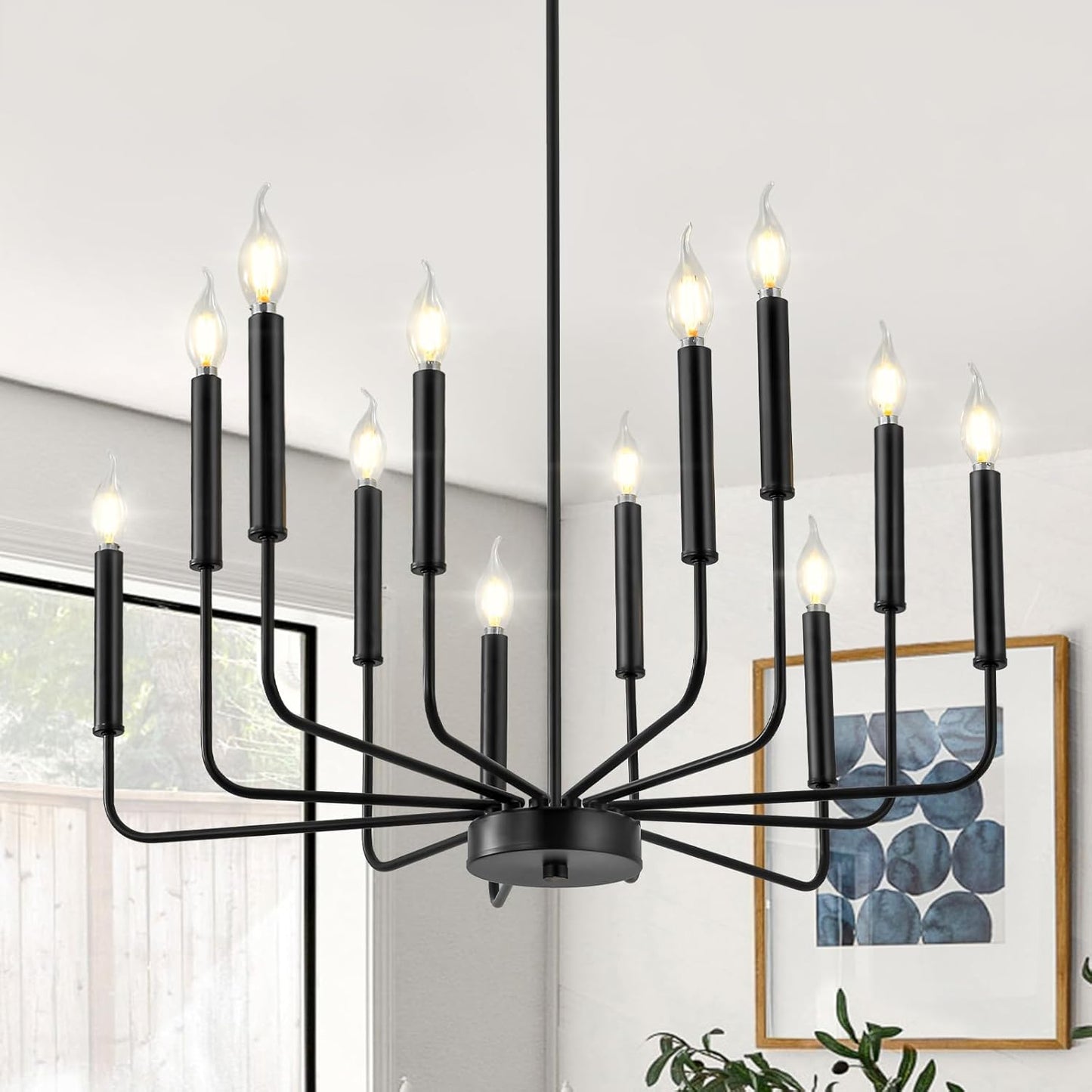 Modern Black Farmhouse Chandeliers, 12-Light Industrial Metal Chandelier Lighting, Classic Candle Hanging Pendant Light Fixtures for Living Room, Dining Room, Kitchen, Bedroom, Entryway