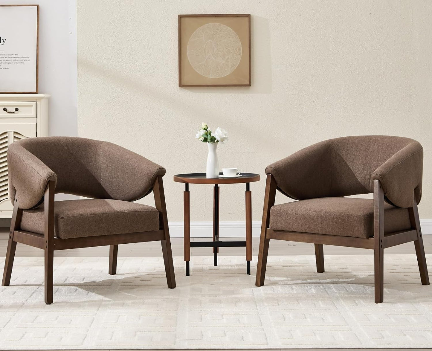 Mid-Century Modern Accent Chairs Set of 2, Comfy Barrel Armchairs with Wide Seat, Upholstered Lounge Chairs with Walnut Wood Legs for Living Room/Bedroom/Reading Corner, Linen Fabric, Brown