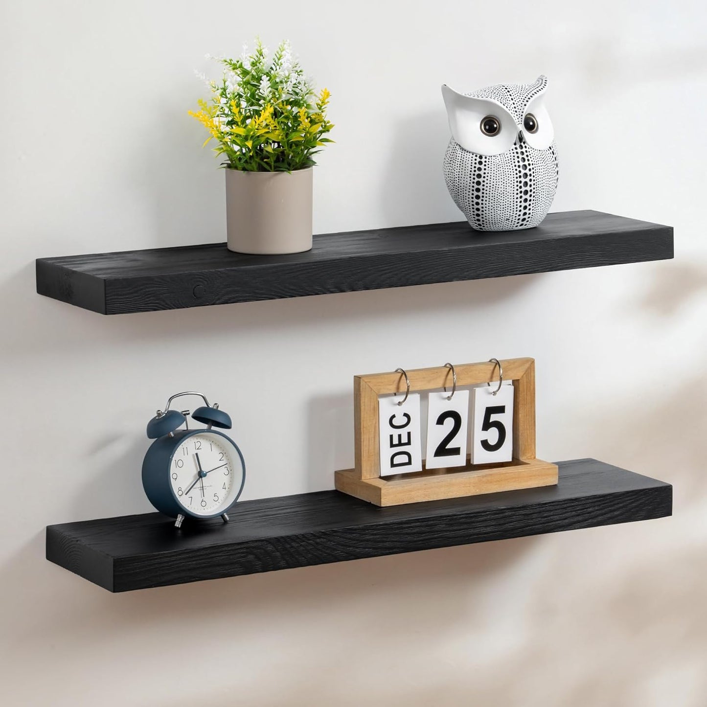 Fun Memories Handcrafted European Pine Floating Shelves - Natural Rustic Wooden Wall Shelf Set of 2-24 Inch Storage Shelf Display Shelf for Kitchen Bathroom Living Room Bedroom Farmhouse - Black