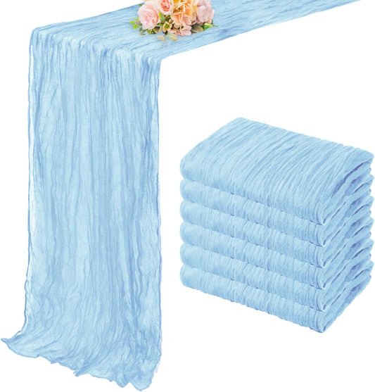 6 Pack Baby Blue Cheesecloth Table Runner 20 x 120 Inch Long Rustic Gauze Cheese Cloth Table Runner for Wedding 10FT Bridal Baby Shower Table Decorations Boho Fabric Sheer Birthday Party Table Decor
