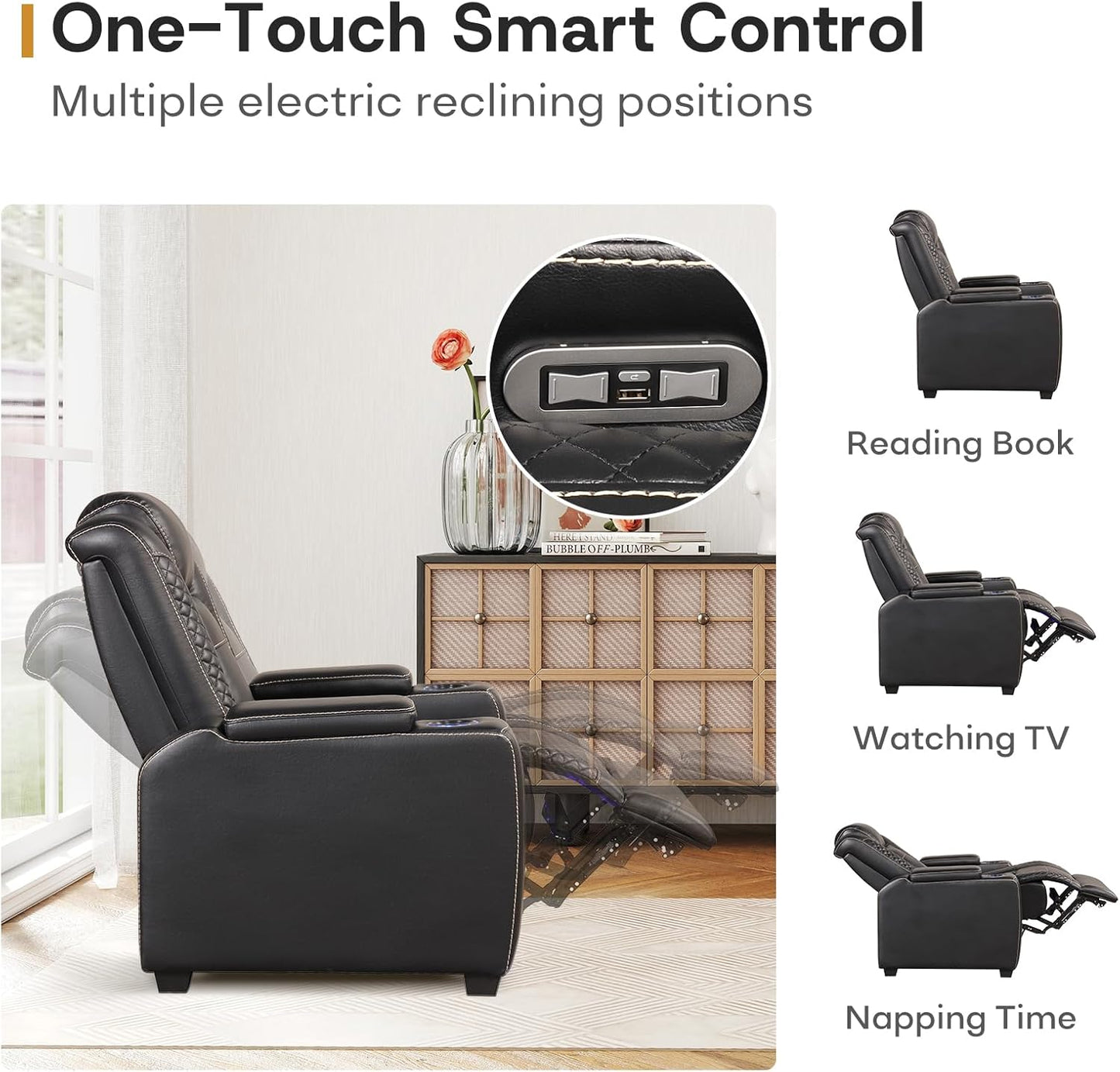 ANJ Power Home Theater Seating Set of 2, PU Leather Electric Recliner Chair with Powered Headrest, Dual Motors Movie Reclining Chairs with LED Lights,USB Port, Cup Holders, Hidden Arm Storage (Black)