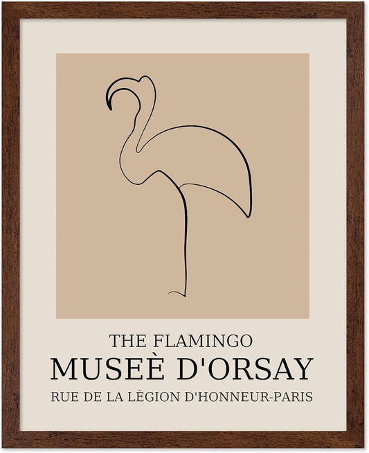 Poster Master Vintage Poster - Retro Minimalist Print - Gift for Artist, Housewarming - Flamingo, Line Drawing, Sketch, Abstract - Wall Decor for Living Room, Bedroom, 16x20 Brown Framed