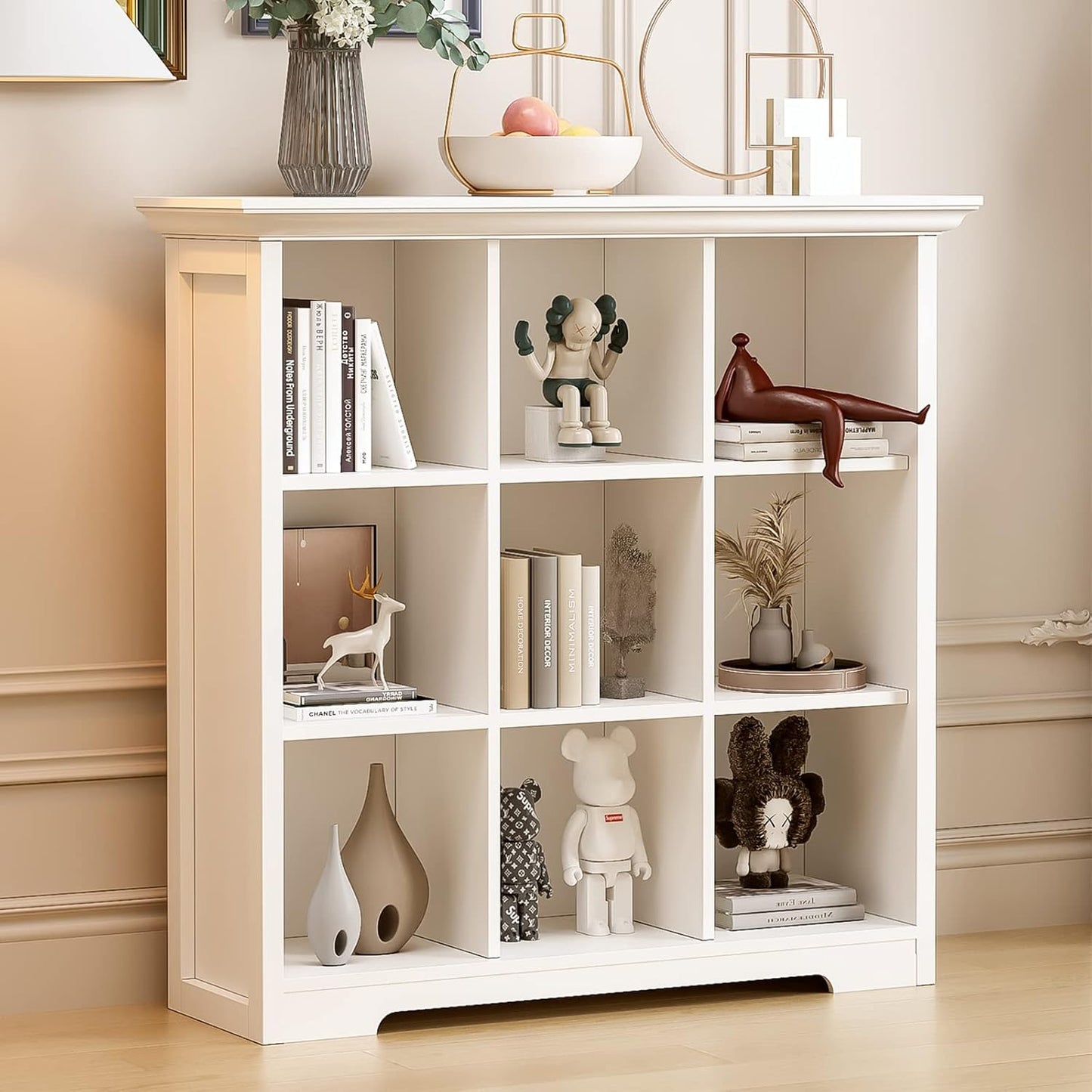 Wooden Cube Shelf Bookcase - Modern 3 Tiers Floorstanding Open Bookshelf with Base for Home and Office, 9 Cubes Storage Cabinet, Warm White