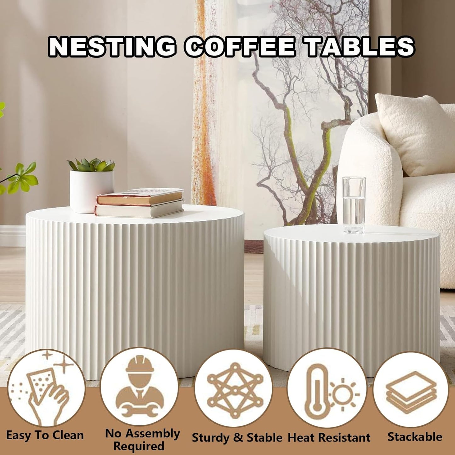 Round Nesting Coffee Table Set of 2, Modern Coffee and End Table Set Small Circle Wooden Drum Side Table Accent End Tables for Living Room Office, No Assembly,Cream Small