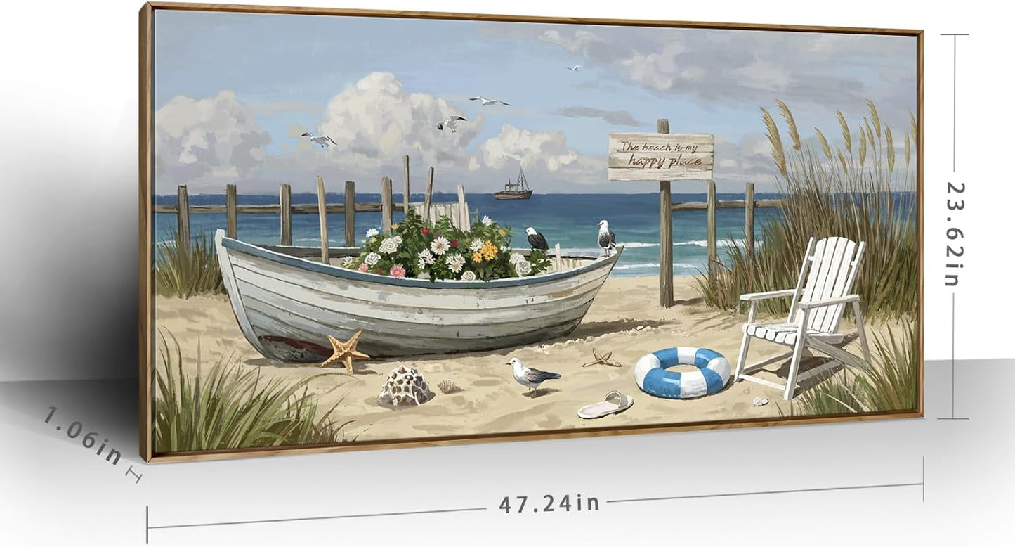 amatop Large Framed Wall Art for Living Room Nautical Beach Canvas Print Blue Flower Boat on Sandy Shore Ocean Seaside Landscape Coastal Artwork with Sea Birds Rustic Bedroom Office Home Decor 48×24 Inch