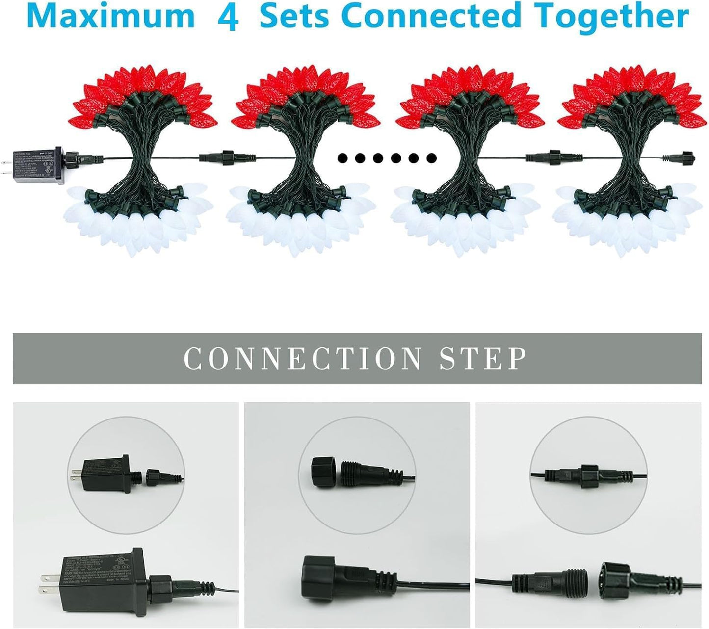 Extendable Red and White 50 LED Waterproof C9 LED Christmas Lights Indoor Outdoor Green Wire, Super Bright C9 Christmas String Lights for Tree, Patio, Easter, Porch, Home, Christmas Decorations