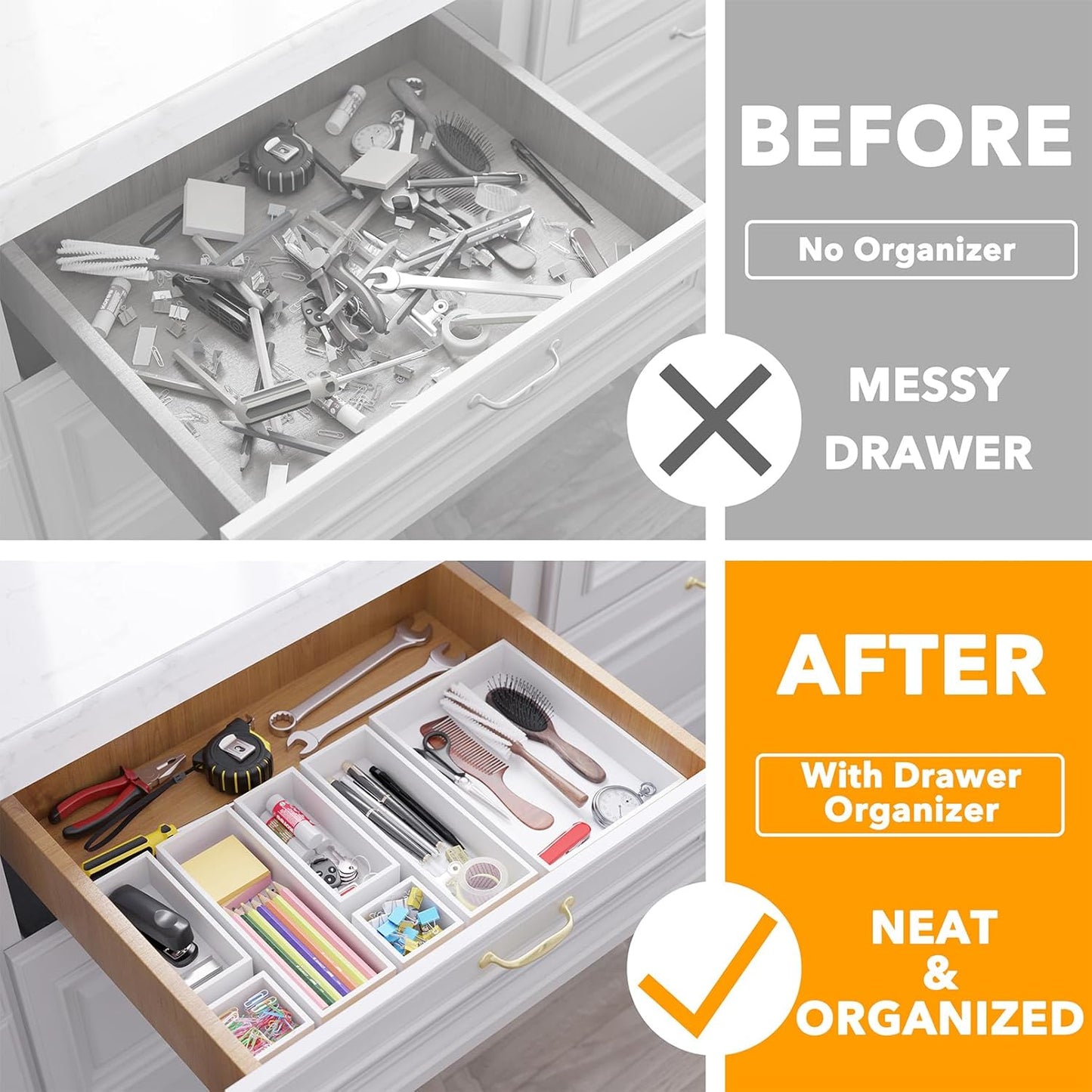 SpaceAid 7-Piece Bamboo Drawer Organizer Storage Boxes Set, Wood Tray Junk Drawer Organizers Multi-Use Divider Bins for Kitchen, Bathroom, Office Desk and Makeup Organization (7 Pack, White)