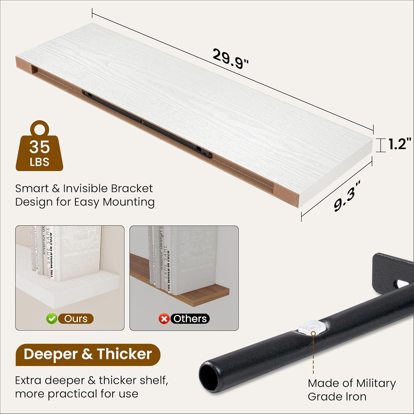 Fun Memories Floating Shelves for Wall, 30 Inch Rustic Wood Wall Mounted Shelves for Bathroom, Bedroom, Kitchen, Living Room, Deep Floating Shelves for Storage & Home Decor (White, Set of 2)