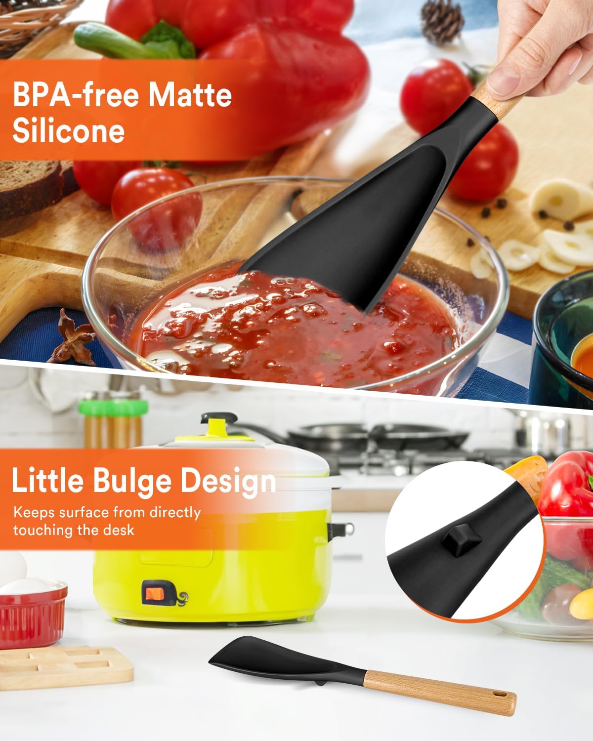Multifunction Spatula Spoon for Nonstick Cookwares, Great for Cooking and Serving, Sturdy BPA-Free Matte Silicone, Wood Handle Spatula for Mixing, Scoop, and Scrape, Black(2 pack,11.4" & 13.4")