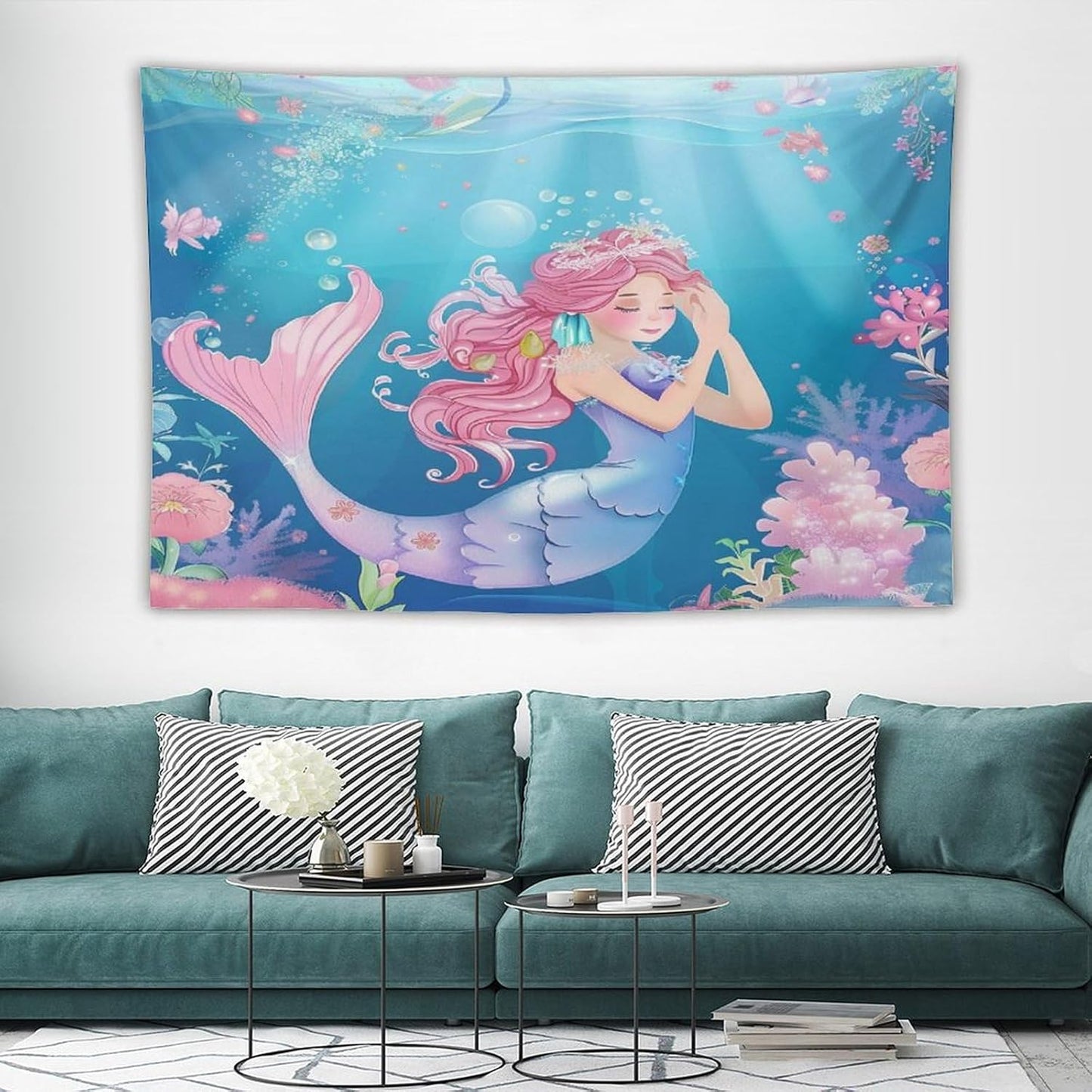 HZOHNAGO Mermaid Girls Tapestry Watercolor Flowers Mermaid Princess Blessing Pattern for Kids Room Decoration Printed Wall Tapestry Wall Hanging for Bedroom Living Room Dorm 90" W x 60" H