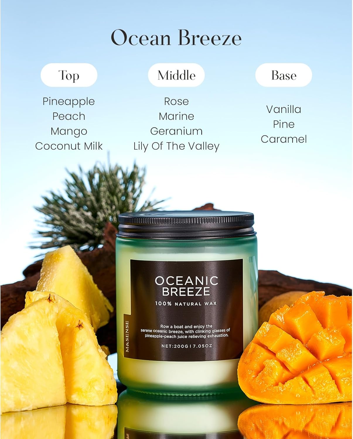 M&SENSE Candle Oceanic Breeze Scented Candle, Long Lasting Pineapple & Mango Scented Natural Soy Wax Candles 7.05oz 50 Hours Burn for Home Scented, Stress Relief Gifts for Women/Men