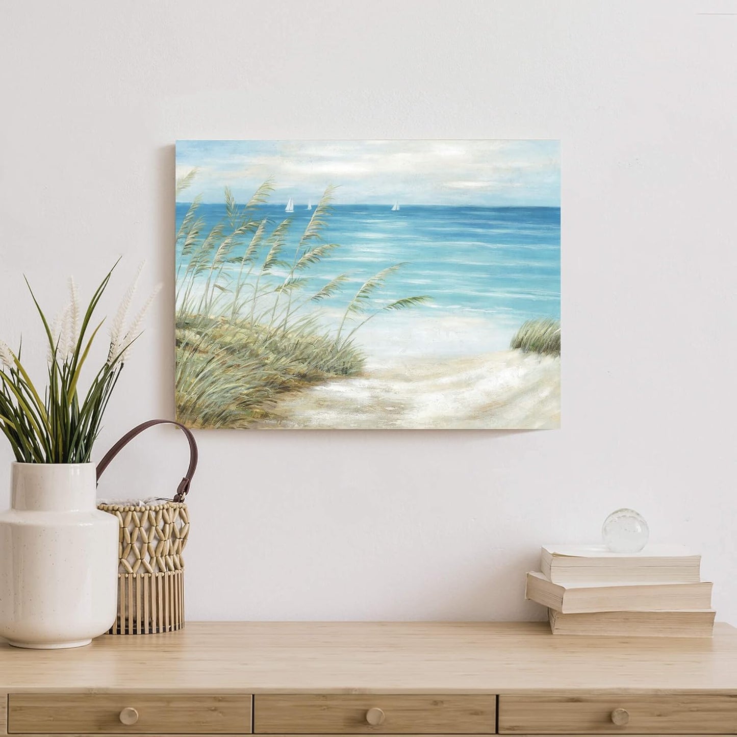 Beach Sea Canvas Wall Art: Seaside Coastal Reed Painting Blue Ocean Nautical Picture Modern Minimalist Seascape Grass Path Artwork Decor for Living Room Bedroom