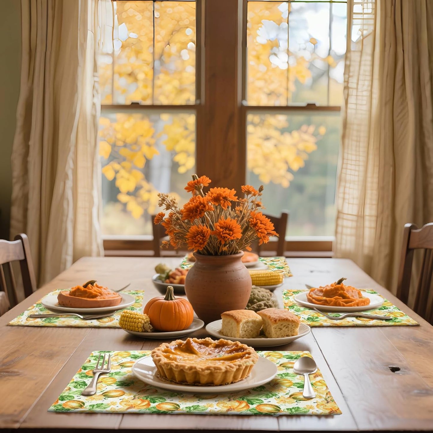 MANSPHIL Orange Pumpkin Placemats Set of 4 for Fall Theme Thanksgiving Decor - Farmhouse Cloth Cotton Faux Linen Table Place Mats for Dining Kitchen Washable - 13x19 Inch